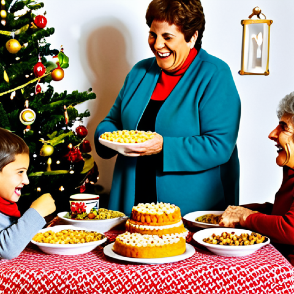 A Festive Family Gathering**

"A vibrant scene of a family celebrating Navidad in a cozy Spanish home, adorned with traditional decorations. Abuela is serving turrón, children are laughing, and a belén is displayed prominently. Everyone is fully clothed in warm, festive attire. Safe for work, appropriate content, family-friendly, professional photography, perfect anatomy, natural proportions."

**