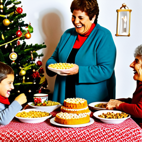 A Festive Family Gathering**

"A vibrant scene of a family celebrating Navidad in a cozy Spanish home, adorned with traditional decorations. Abuela is serving turrón, children are laughing, and a belén is displayed prominently. Everyone is fully clothed in warm, festive attire. Safe for work, appropriate content, family-friendly, professional photography, perfect anatomy, natural proportions."

**