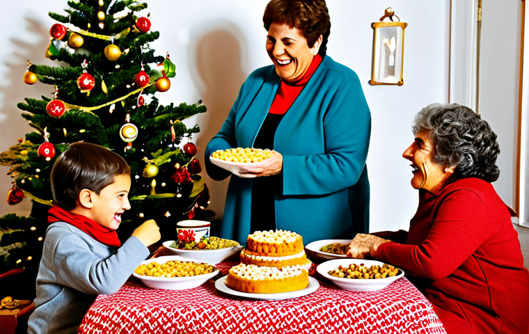 A Festive Family Gathering**
"A vibrant scene of a family celebrating Navidad in a cozy Spanish home, adorned with traditional decorations. Abuela is serving turrón, children are laughing, and a belén is displayed prominently. Everyone is fully clothed in warm, festive attire. Safe for work, appropriate content, family-friendly, professional photography, perfect anatomy, natural proportions."
**
